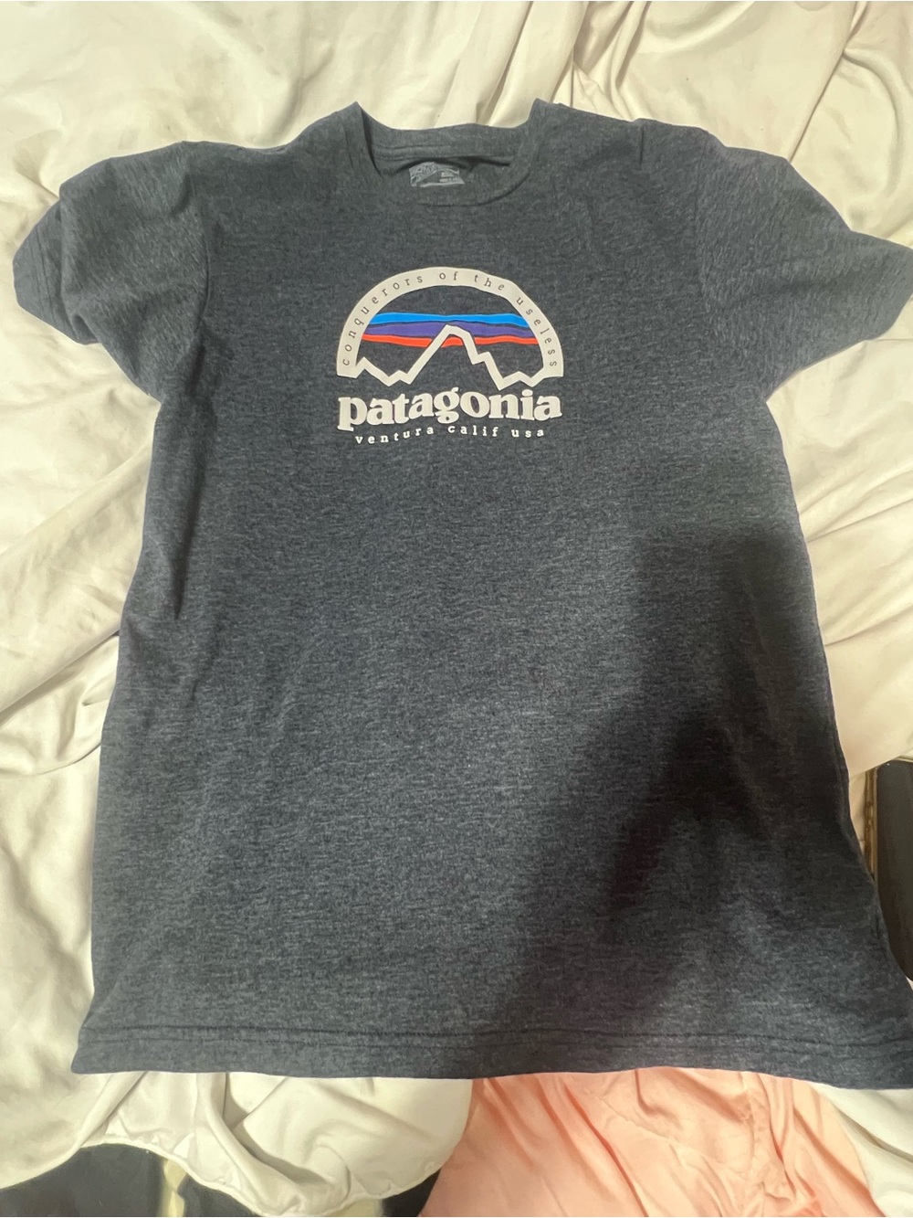 Patagonia Heather Charcoal Short Sleeve Tee with Multicolor Mountain Logo